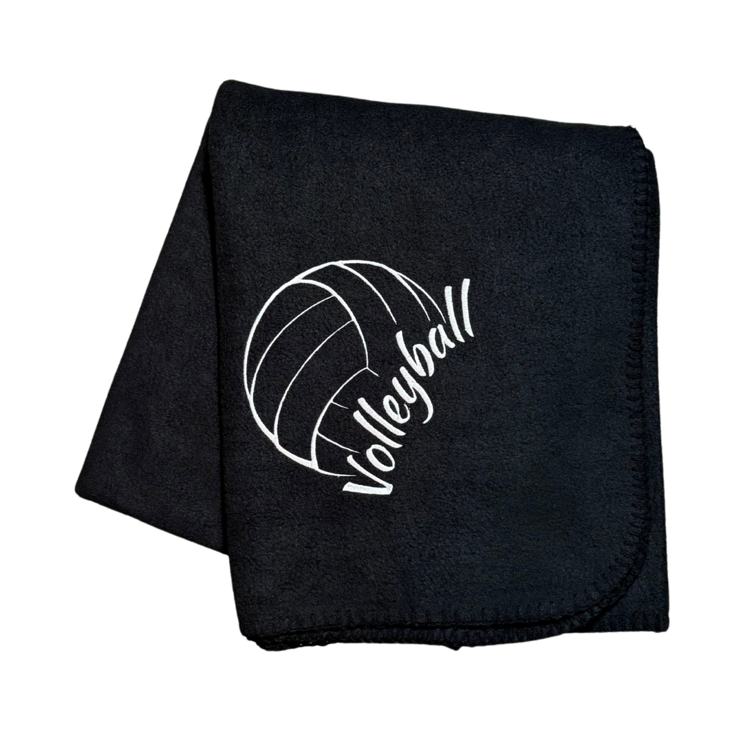 black volleyball blanket with white volleyball image and white text