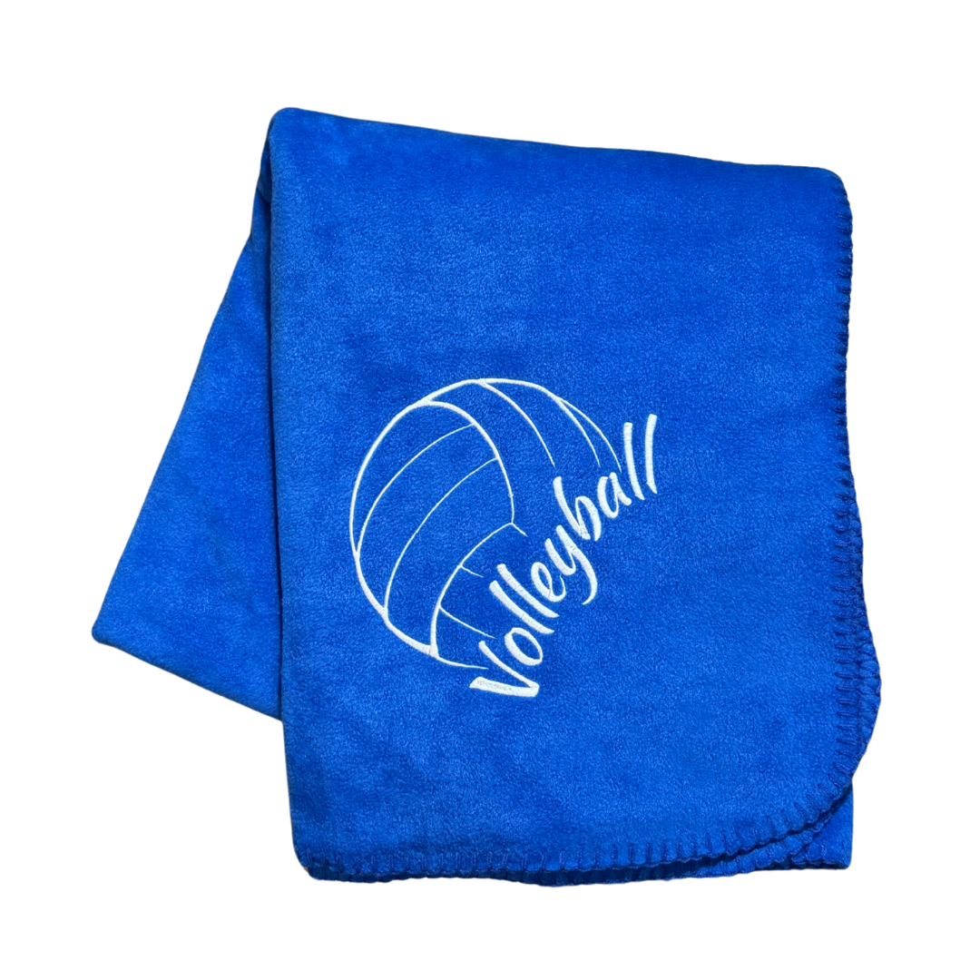Blue fleece blanket with a white volleyball design and 'Volleyball' text