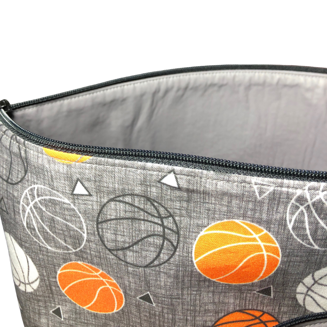 gray basketball makeup bag set close up view