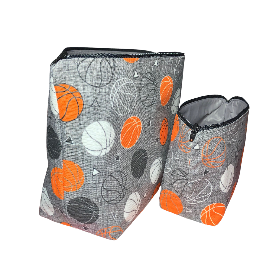 gray basketball makeup bag set side view