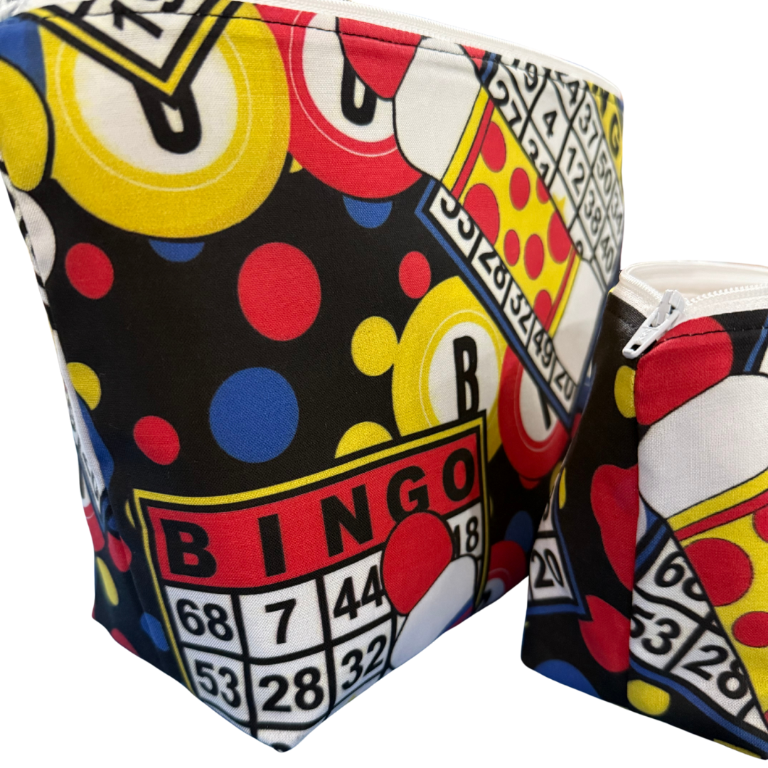 Colorful Bingo-themed fabric with numbers and letters on a white background