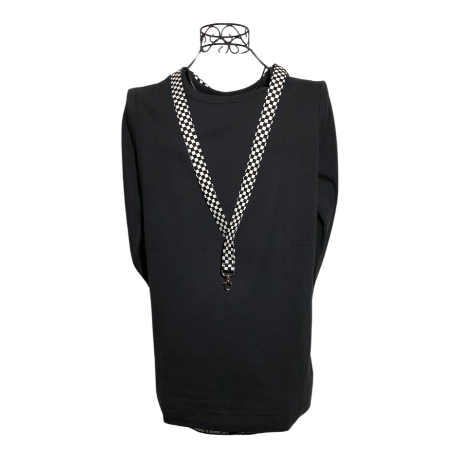 black and white checkerboard lanyard on a mannequin