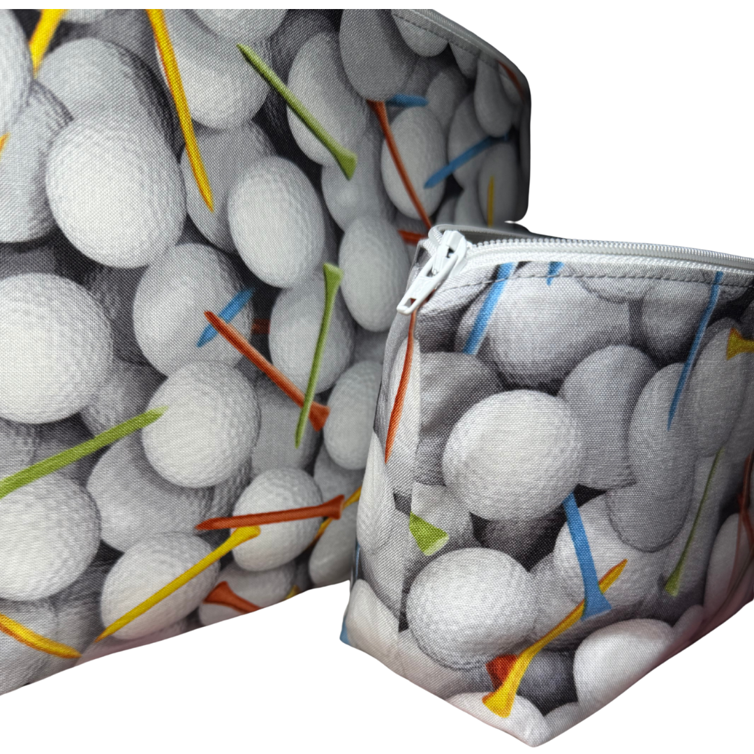 Pouch with golf ball and tee design on a white background