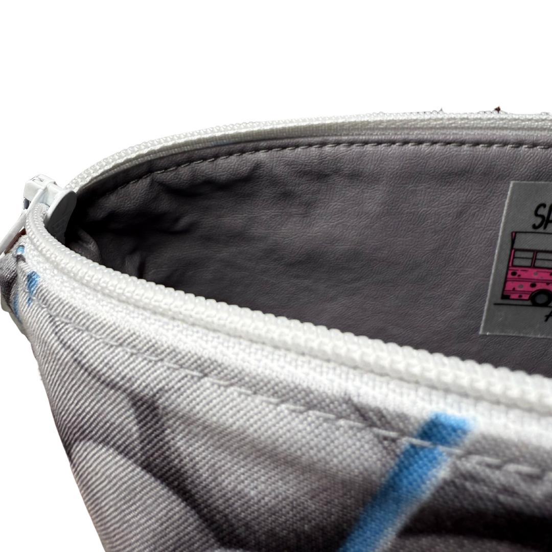 Close-up of a gray bag with a zipper, showing fabric texture