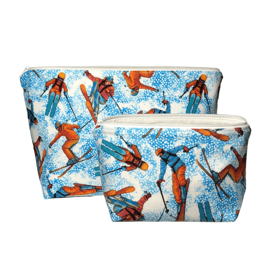 blue downhill skiing themed makeup bag set
