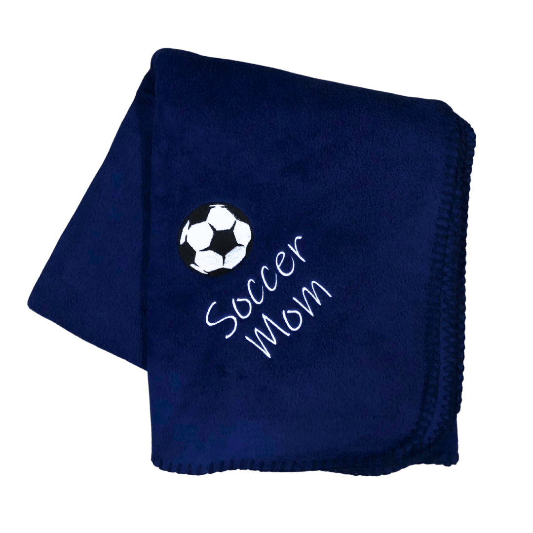 navy blue embroidered soccer mom blanket