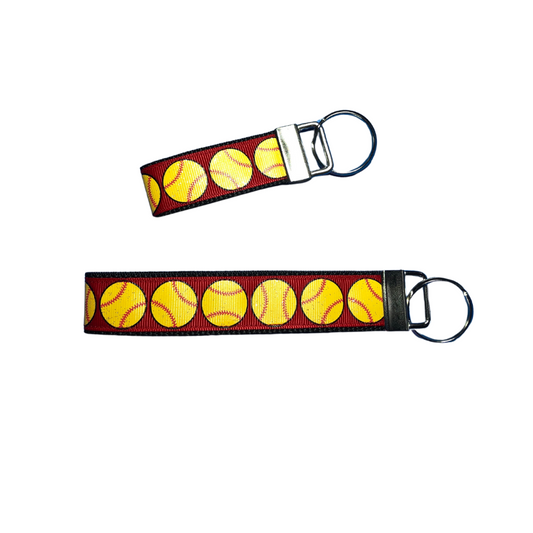 red glittery set of softball keychains