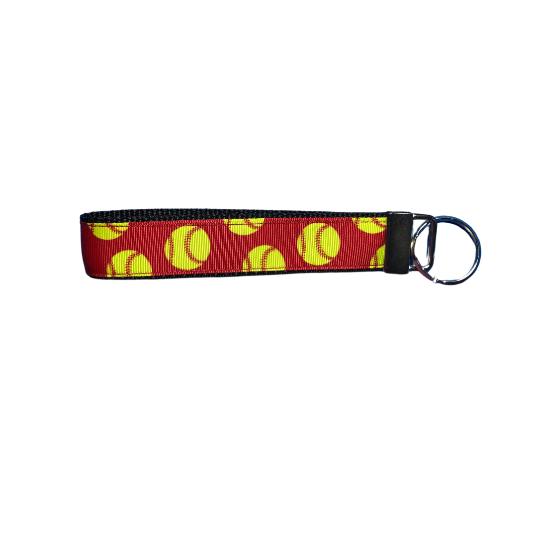 red keychain with yellow softballs