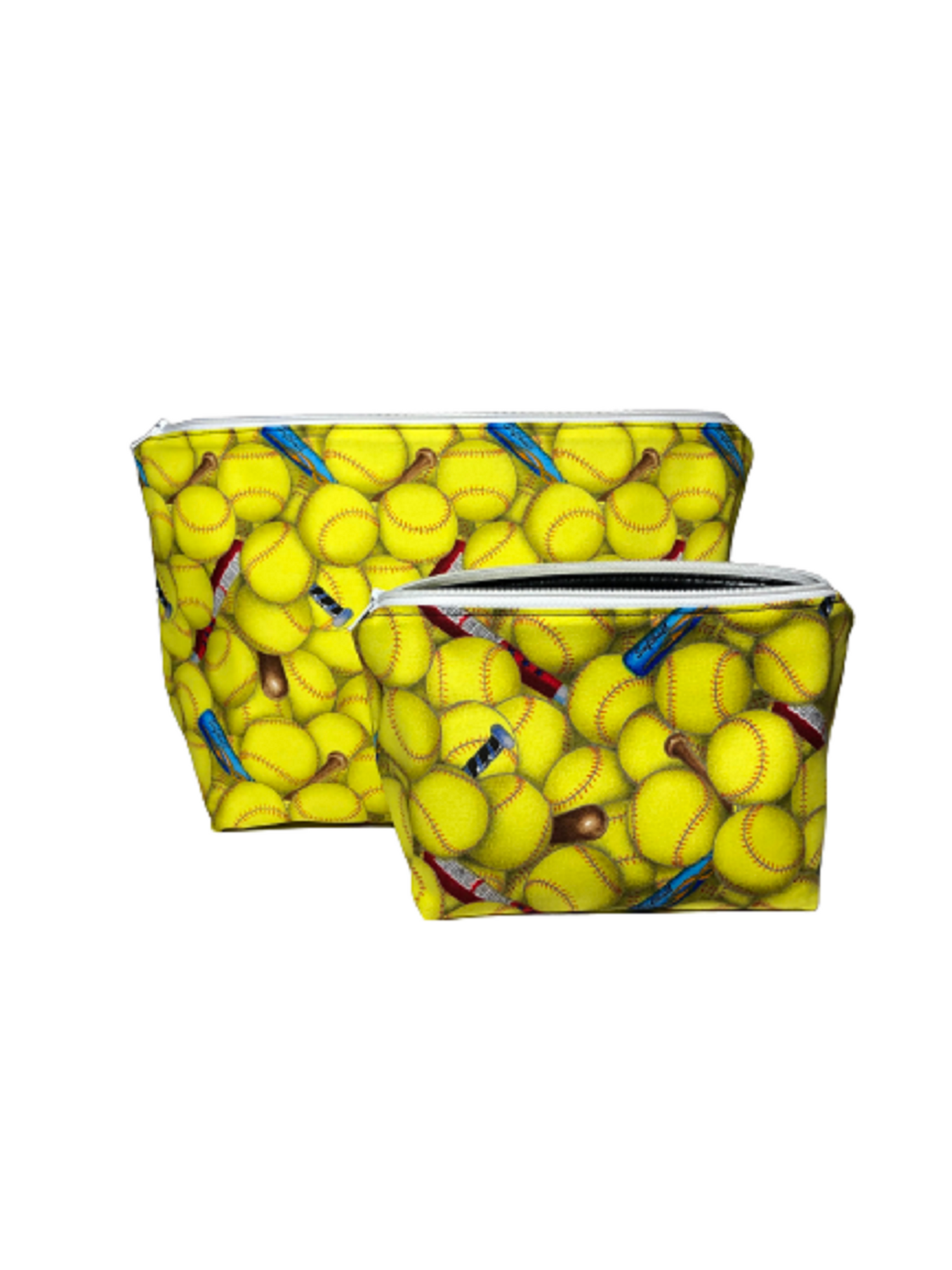 set of two yellow softball themed makeup bags with white zippers