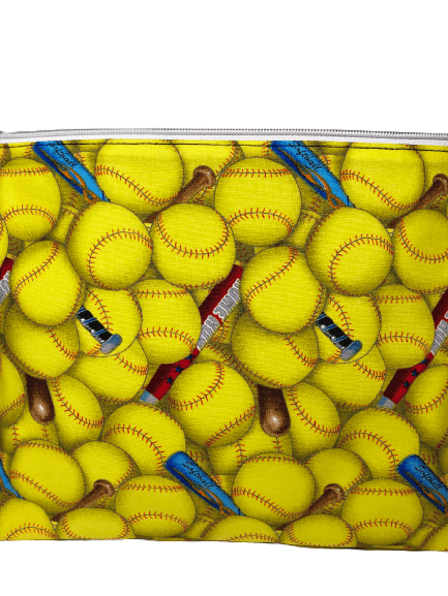zippered bag with yellow softballs and red and blue softball bats