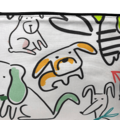 cartoony dog fabric with outlines of dogs and splashes of colors