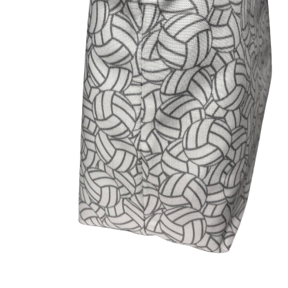 side view of bag with boxed out bottom and white and gray outlined volleyballs