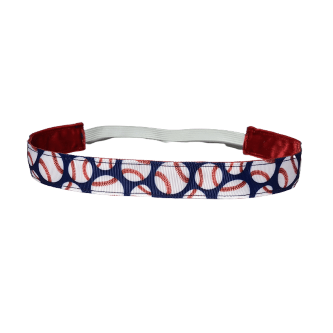 blue baseball headband with red velvet on the back