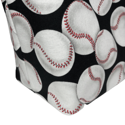 side of baseball makeup bag showing boxed bottom