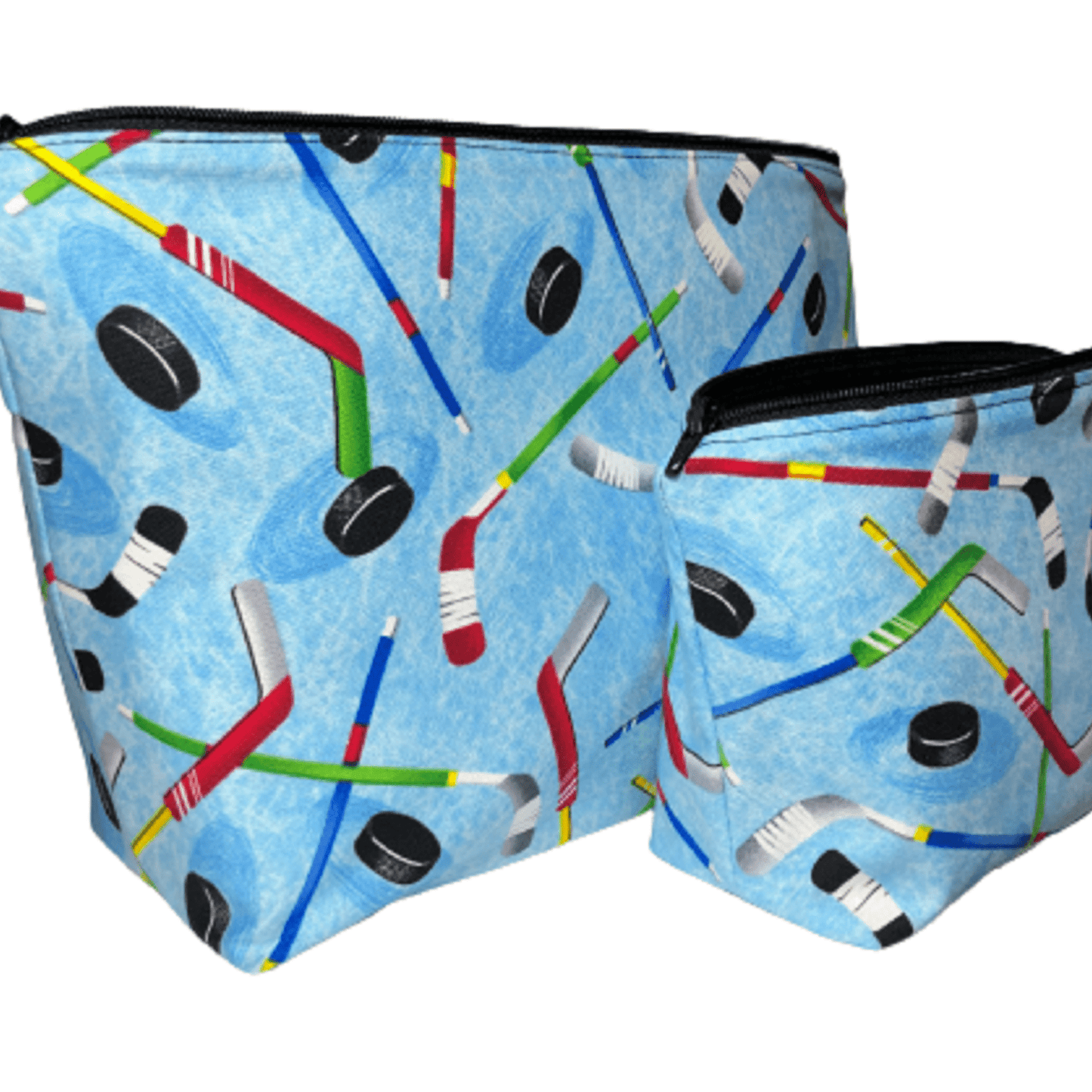 one large and one small blue hockey themed makeup bags