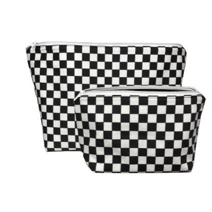 set of two zippered black and white checkerboard patterned makeup bags