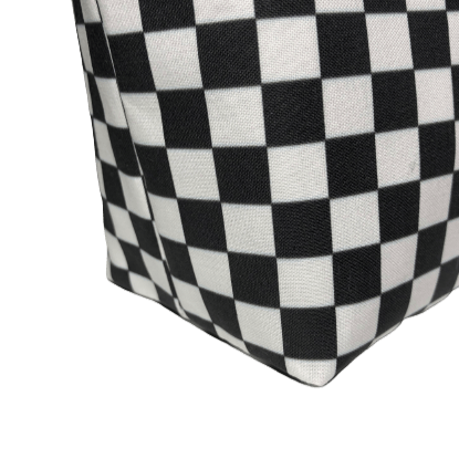 side of checkerboard makeup bags showing boxed out bottom construction