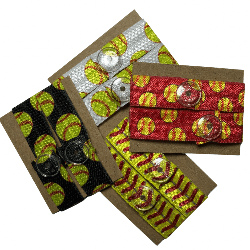 softball sleeve clip options in black, white, or red softballs and yellow softball stitches