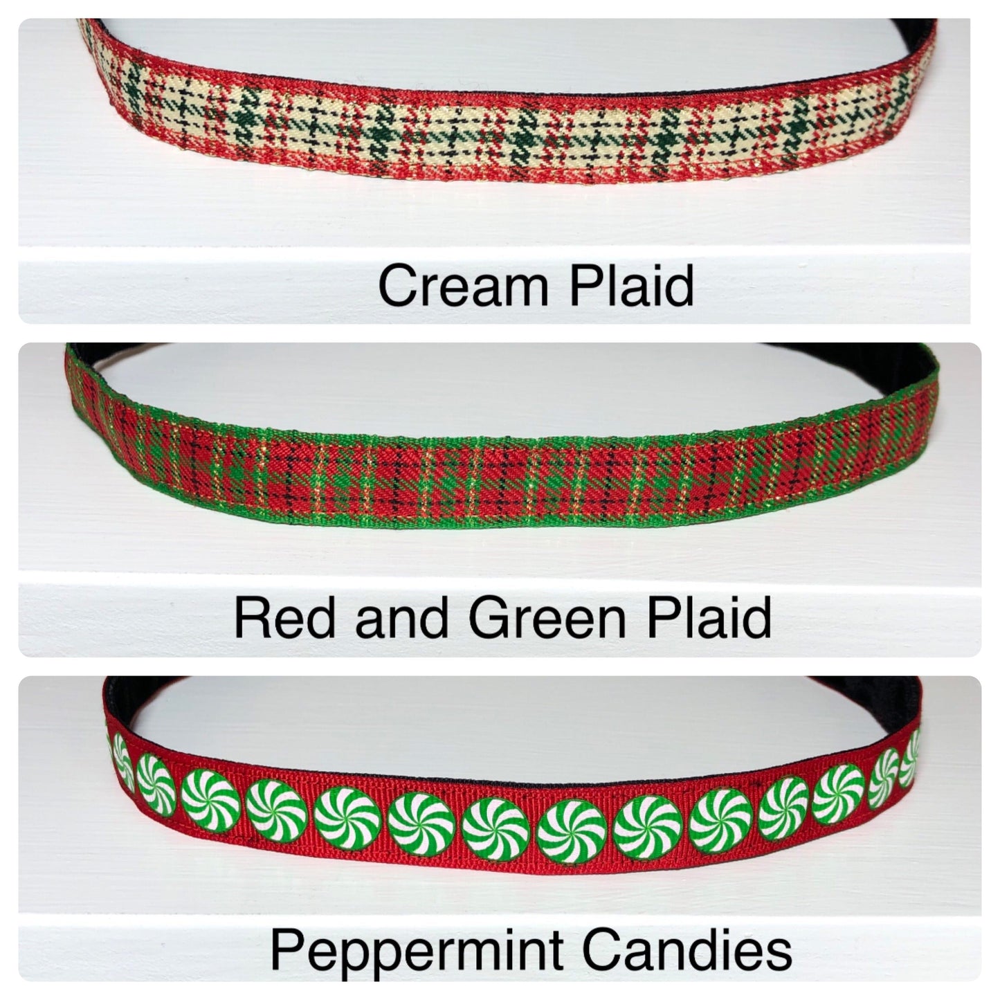 thin christmas headband samples of cream plaid, red and green plaid, and peppermint candies