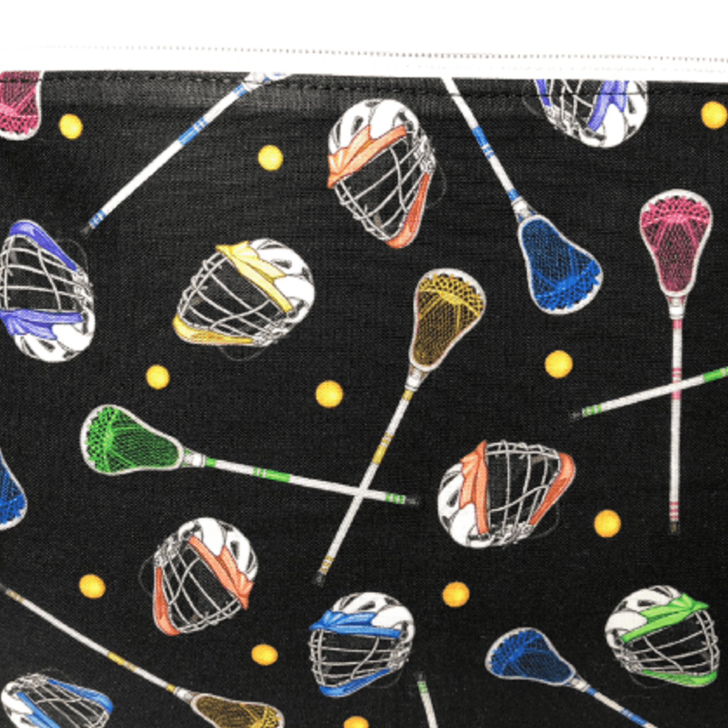 black lacrosse makeup pouch with multi colored lacrosse sticks and masks and white zipper