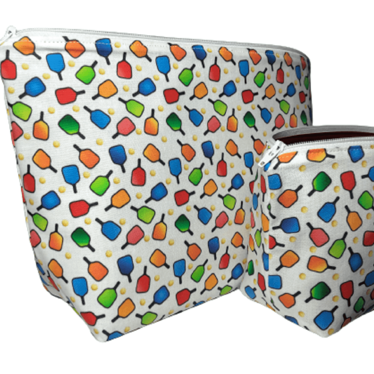 side of pickleball makeup bag set featuring squared off bottom that allows the bags to stand up
