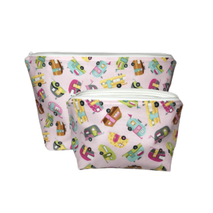 retro campers with pink background makeup bag set