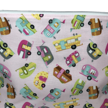 vintage campers on pink makeup bag