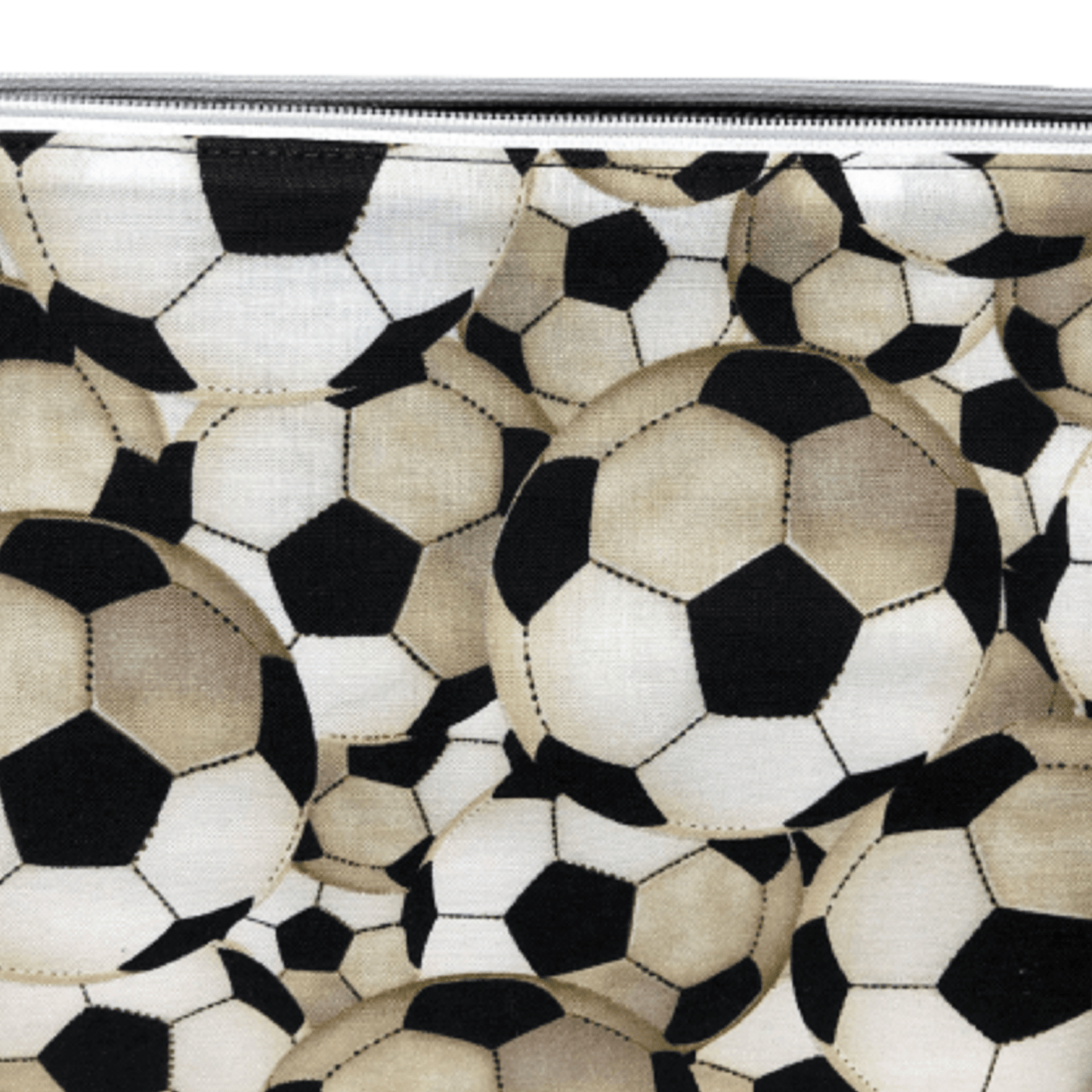 black and white soccer ball patterned fabric bag with white zipper