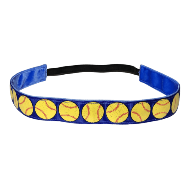 blue softball headband with yellow glitter softballs