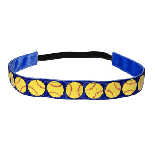 blue softball headband with yellow glitter softballs