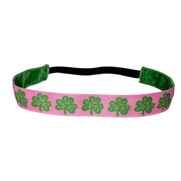 pink st patricks day headband with green shamrocks