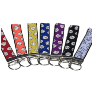 volleyball keychains in red, orange, yellow, blue, purple, black and white
