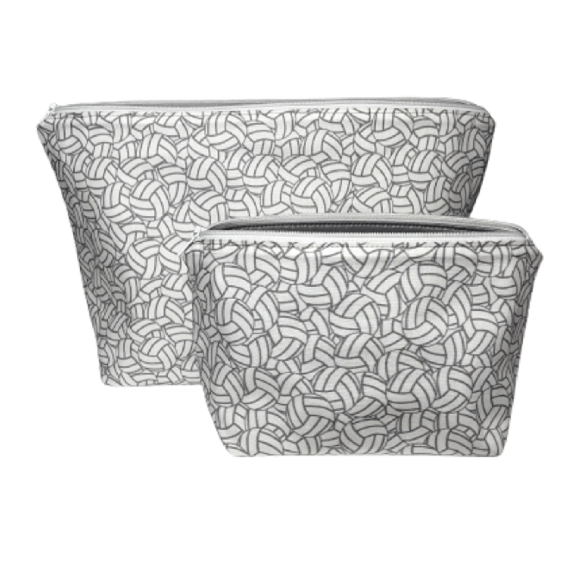two varying sized volleyball zipper bags in white and gray