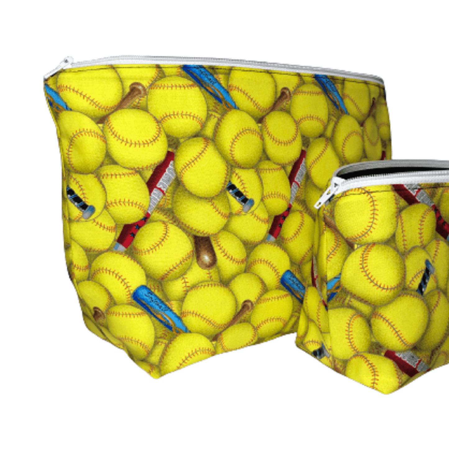 side of one large and one small yellow softball makeup bags with boxed bottoms