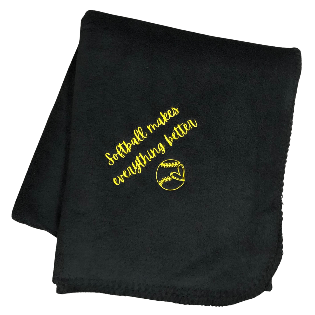 black softball makes everything better blanket with gold stitching