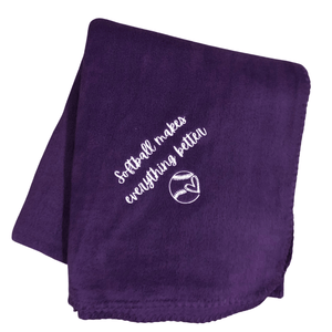 purple softball blanket embroidered with softball makes everything better