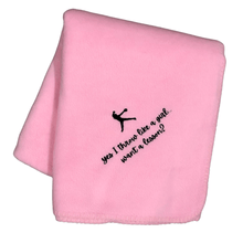 Load image into Gallery viewer, pink softball girl blanket with &quot;yes I throw like a girl...want a lesson?&quot; embroidered in black
