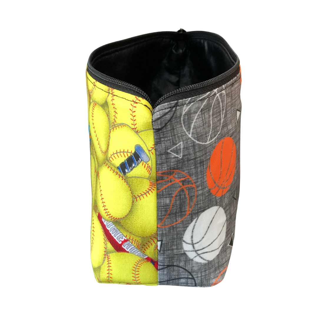 custom makeup bag with yellow softballs and gray basketball