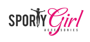 Sporty Girl Accessories logo.  The T in "Sporty" is a girl with her arms out.  "Sporty" is in a black uppercase block font, "Girl" is a script font in hot pink, and "Accessories" is uppercase block font and placed under "Girl"