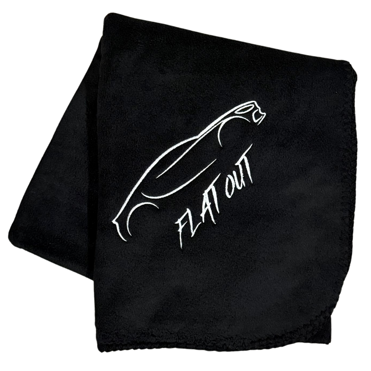 Handmade black fleece racing blanket with embroidered race car outline and Flat Out text