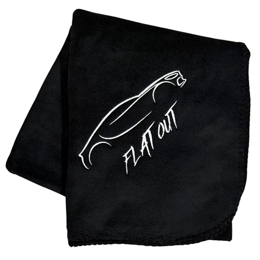Handmade black fleece racing blanket with embroidered race car outline and Flat Out text