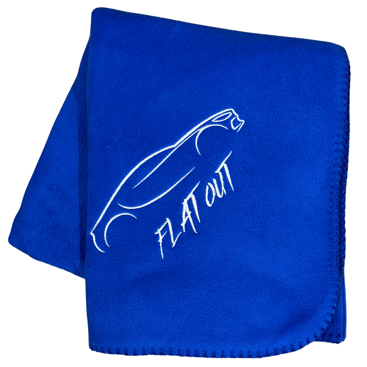 Close-up of embroidered race car outline and Flat Out lettering on blue fleece blanket
