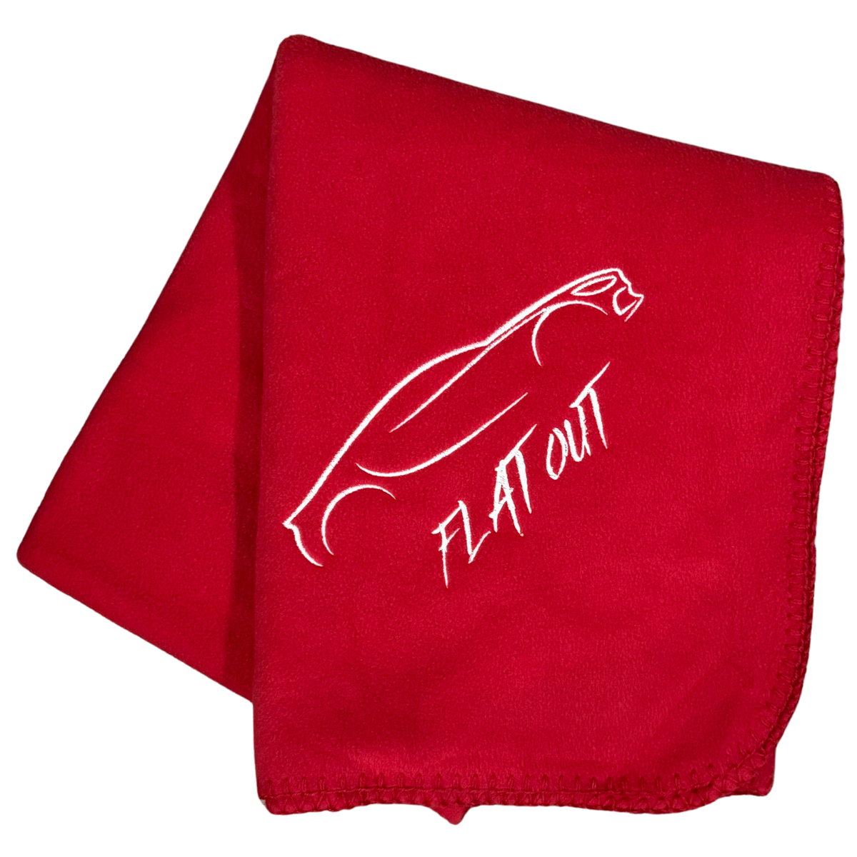 Cozy red fleece race car blanket with embroidered Flat Out motorsports design