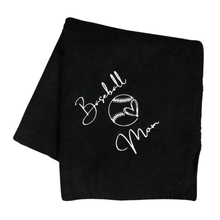 Load image into Gallery viewer, black baseball mom fleece blanket with white embroidery
