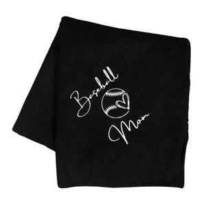 black baseball mom fleece blanket with white embroidery