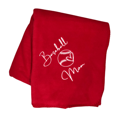 red baseball mom blanket with heart in baseball embroidery