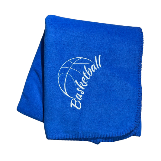 blue basketball blanket with white basketball embroidery