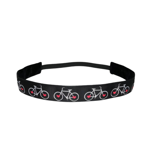 Black headband with bicycle and heart designs on a white background