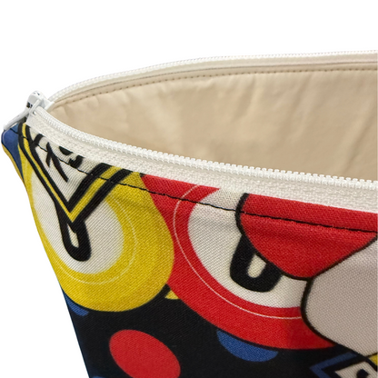 Close-up of a colorful pouch with bingo design with vinyl lining