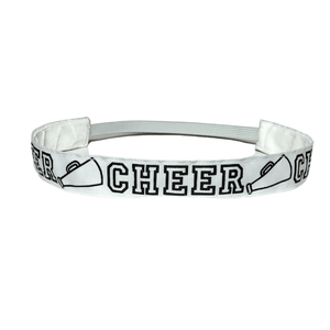 white cheer headband with cheer and megaphones in black